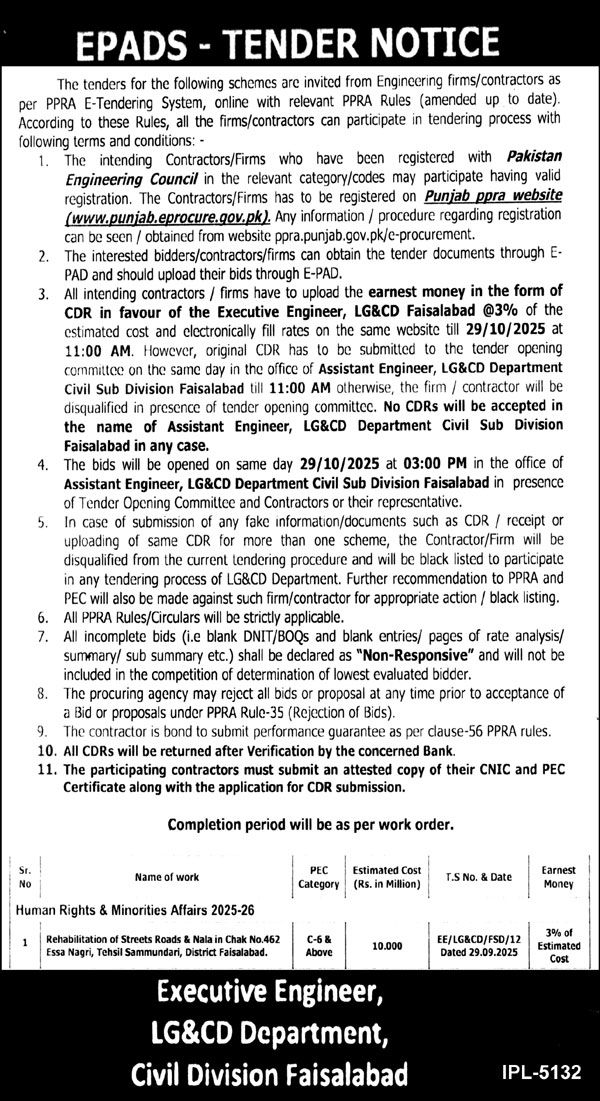 LG & CD Department Faisalabad Tender Notice